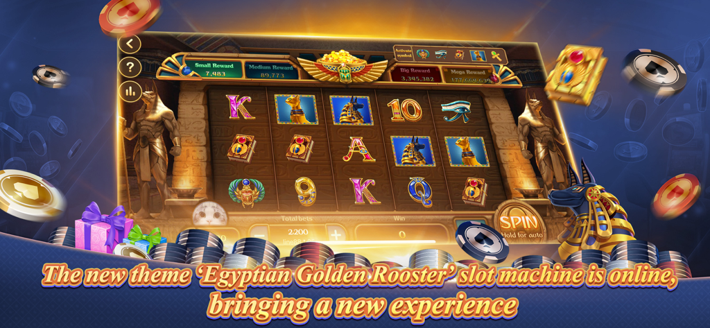 Application Texas Poker présentant la machine à sous du coq doré égyptien avec des symboles Anubis