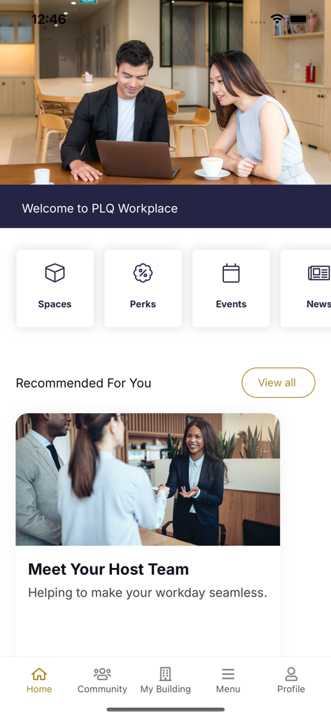 PLQ Workplace V3 - PLQ Workplace app home dashboard showing service tiles for spaces, perks, and events with a greeting to the host team.