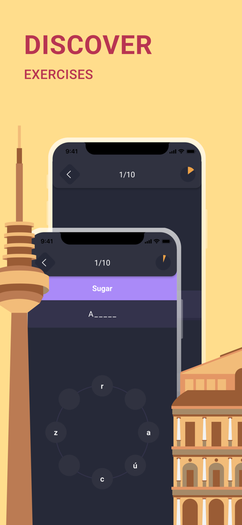 Spanish Words A1-B1 | 2Shine - Tela do aplicativo móvel mostrando um exercício de ortografia de vocabulário em espanhol com uma roda de letras