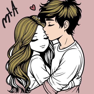 a realistic couple boy and girl hugging and kissing