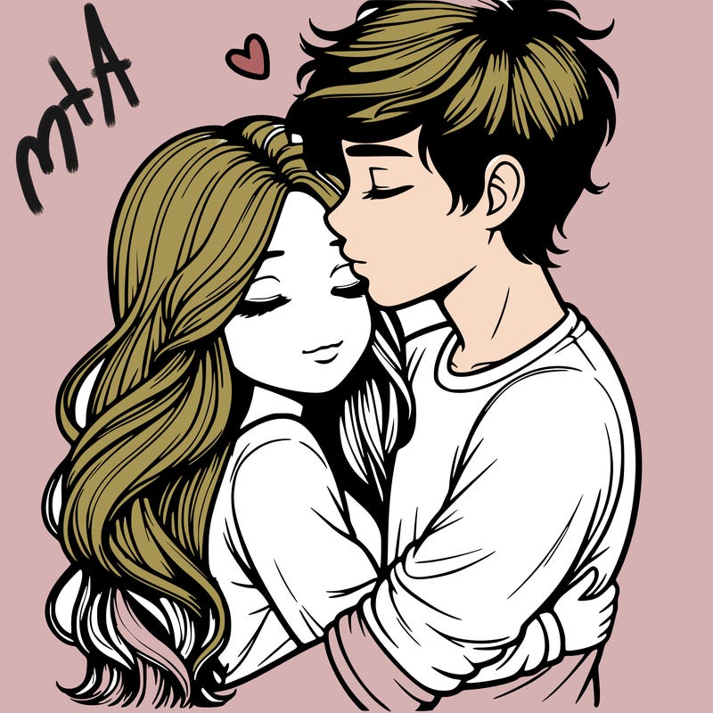 a realistic couple boy and girl hugging and kissing
