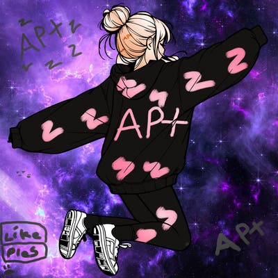 realistic girl jumping with a bun and oversized sweatshirt