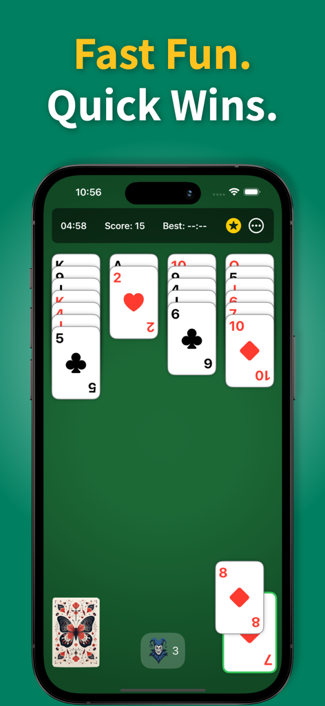 Aces Up Solitaire mobile game interface showing large cards on a classic green felt table with a score of fifteen and a four minute timer
