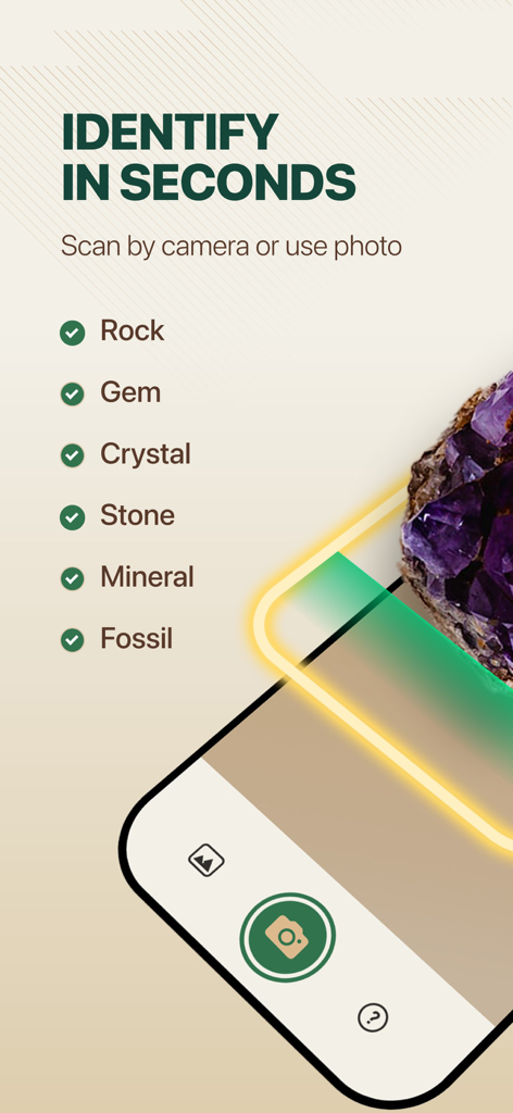 Rock Master: Rock Identifier - Rock Master app interface showing a smartphone scanning a purple crystal with a list of identifiable items including rock, gem, crystal, and mineral.
