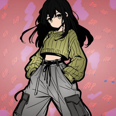 anime teen girl with baggy pants and crop top with sweater