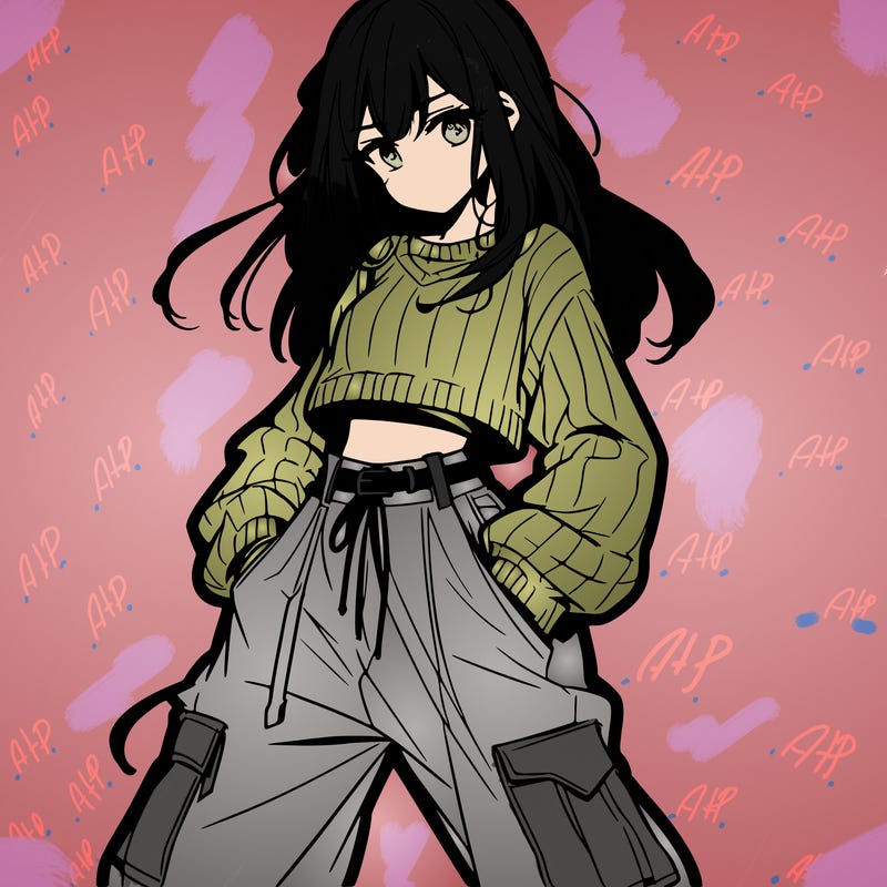 anime teen girl with baggy pants and crop top with sweater