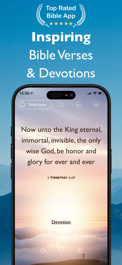 Sprinkle of Jesus mobile app interface showing a daily bible verse from 1 Timothy over a scenic sunset background