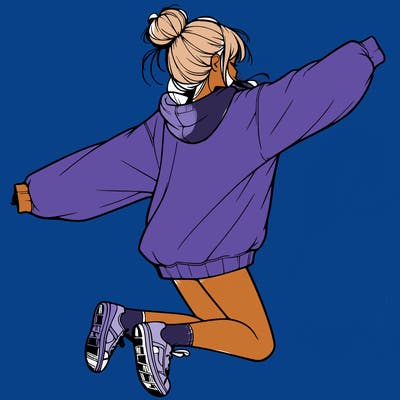 realistic girl jumping with a bun and oversized sweatshirt