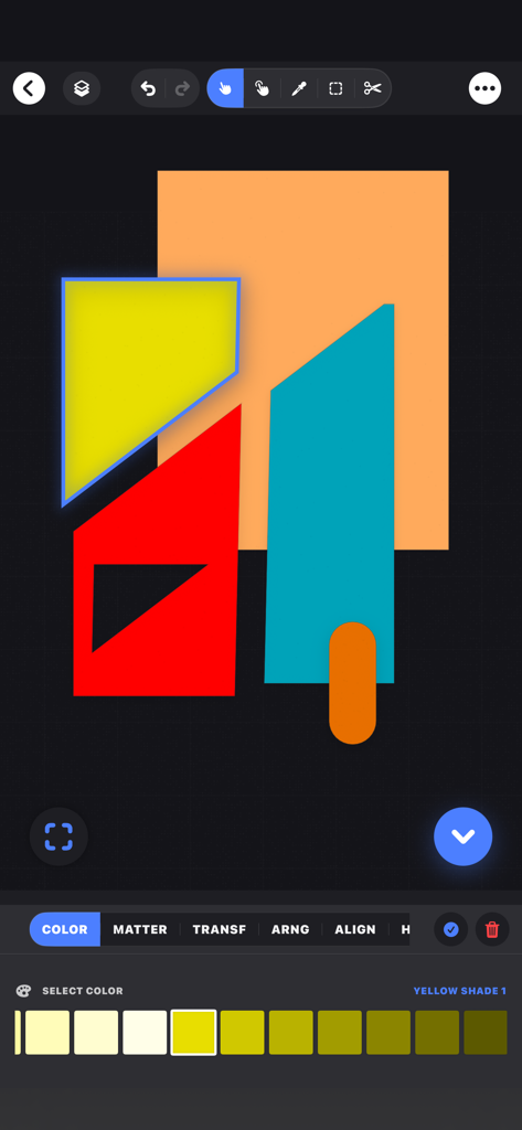Interface of Color Theory Studio app showing a geometric vector composition and a yellow shade selection palette.