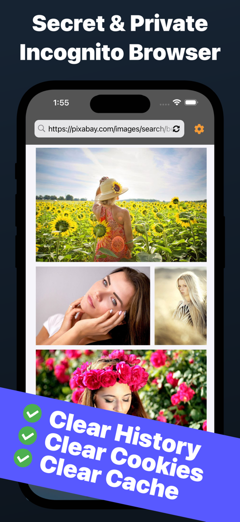 Private Web Browser Incognito - Interfaz de la aplicación Navegador Web Privado Incognito mostrando opciones para borrar historial, cookies y caché