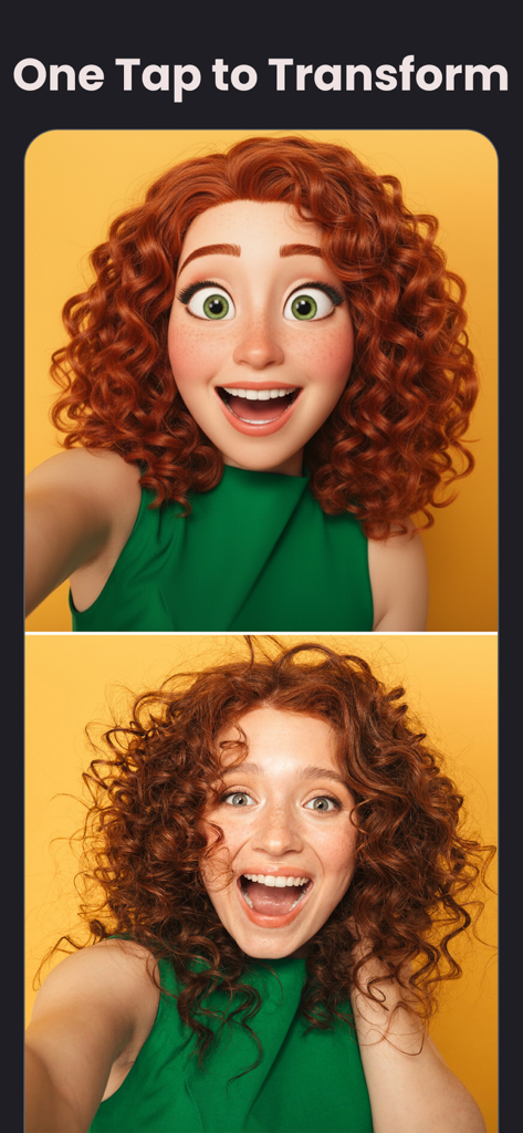 Retoon: Cartoon Photo Editor - Split screen showing a real photo of a woman with curly red hair transformed into a Pixar-style 3D cartoon character