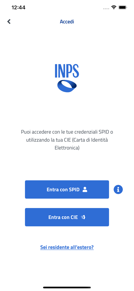 INPS mobile - Pantalla de inicio de sesión de la aplicación INPS mobile con botones de autenticación para los sistemas de identidad digital SPID y CIE.