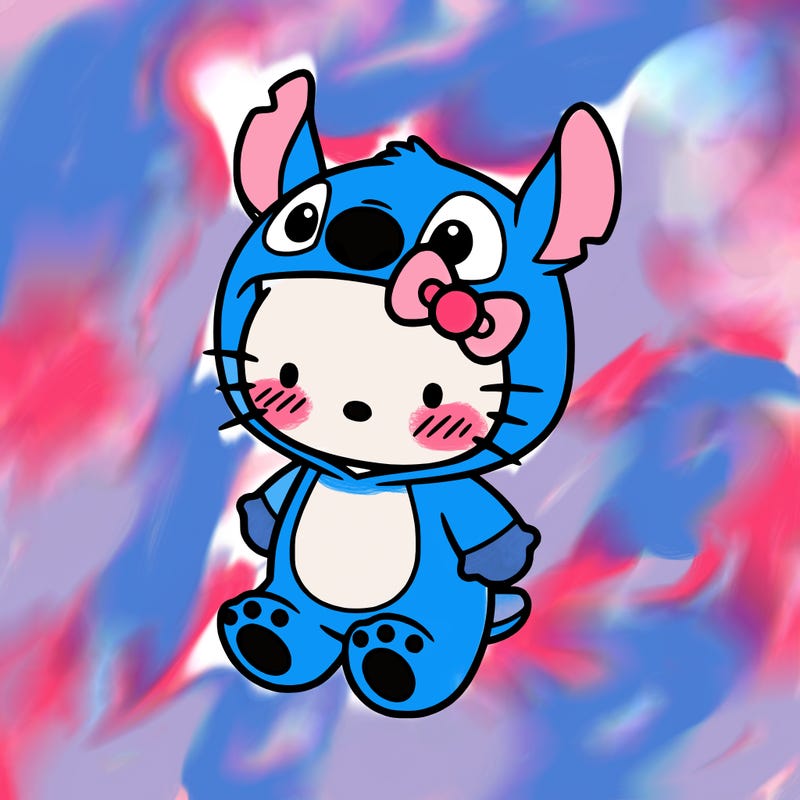 little cute hello kitty, blushing with little stitch costume