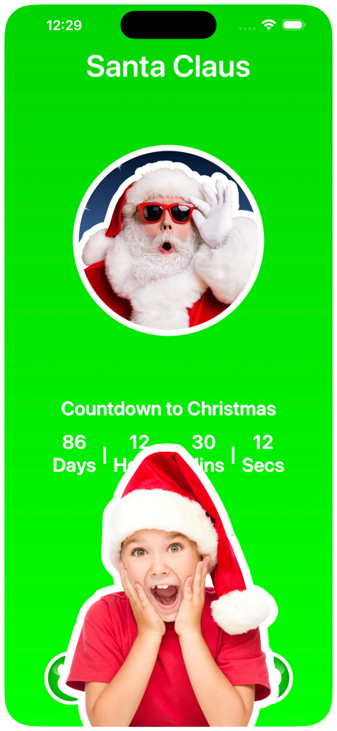 Santa Calls & Texts You - Santa Calls and Texts You app screen displaying a countdown timer to Christmas Day with Santa Claus and a child