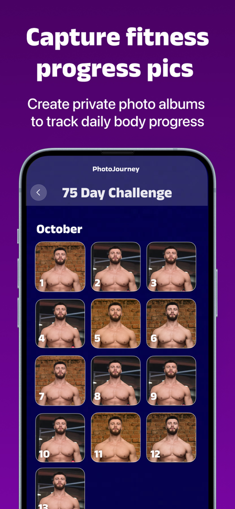 My Body Tracker: PhotoJourney - Mobile app screen displaying a grid of daily progress photos for a 75 day fitness challenge