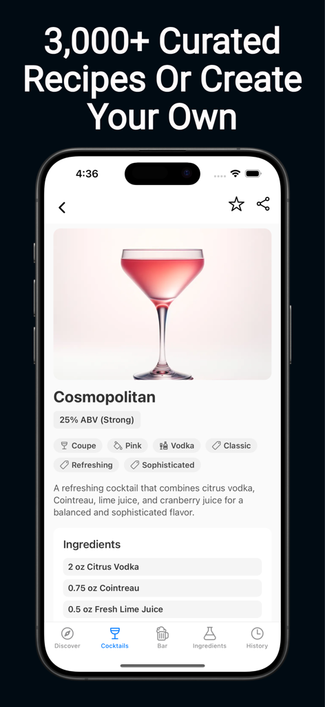BarBot mobile app interface displaying a detailed Cosmopolitan cocktail recipe with ingredients and drink characteristics