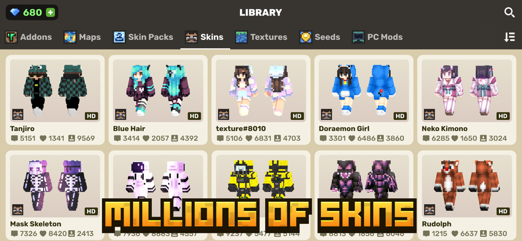 Craft Addons for MCPE - A library showcasing various custom Minecraft character skins including anime and fantasy themes.