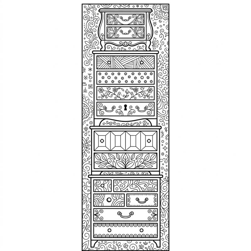 Discover a world of intricate designs with this unique chests of drawers bookmark coloring page. Each drawer offers a new pattern to bring to life with your favorite colors, making it a perfect creative escape.