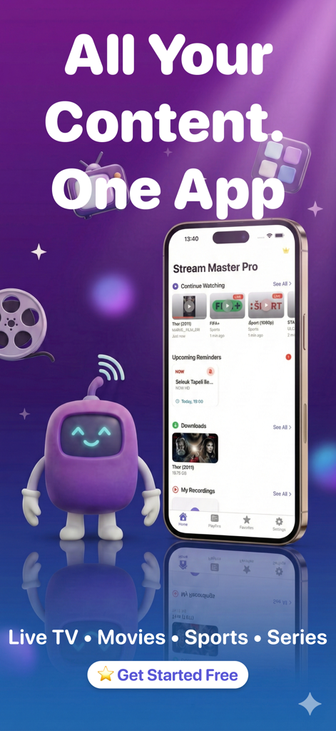 Stream Master: IPTV M3U Player - Stream Master IPTV-Player-Startbildschirm mit Live-TV und Filmen auf einem iPhone