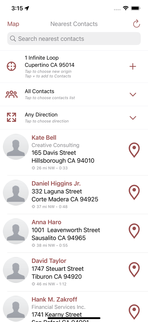 Nearest Contacts - A list of nearby contacts showing their addresses and estimated travel times in the Nearest Contacts app