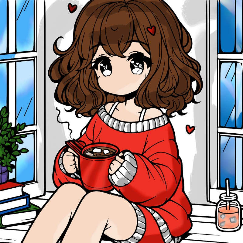 cute anime girl reading book and drinking hot chocolate from mug with loose wavy hair wearing a baggy sweatshirt and shorts sitting by windowsill looking out