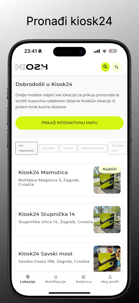 Kiosk24 - A mobile application interface showing a list of nearby Kiosk24 automated retail locations with addresses and thumbnail photos.
