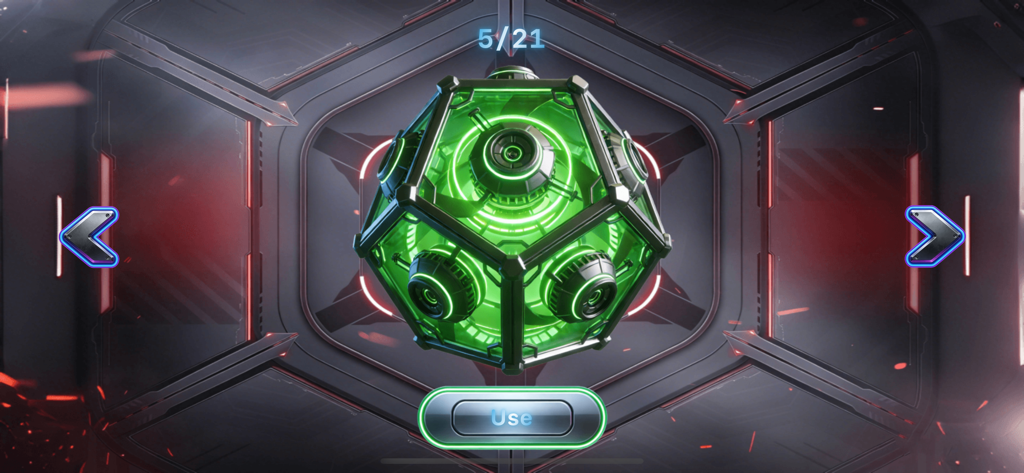 Gun Sound: Watch Weapon Box - Una sfera futuristica verde luminosa visualizzata in un menu di selezione armi sci-fi con un pulsante di utilizzo