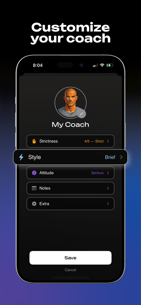 Interface do aplicativo LOCKR para personalizar o rigor e a atitude do treinador de foco de IA