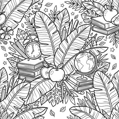 Dive into a unique coloring adventure where lush tropical banana leaves meet classic back-to-school essentials. This intricate design offers a refreshing take on preparing for the academic year, blending nature's beauty with educational motifs.