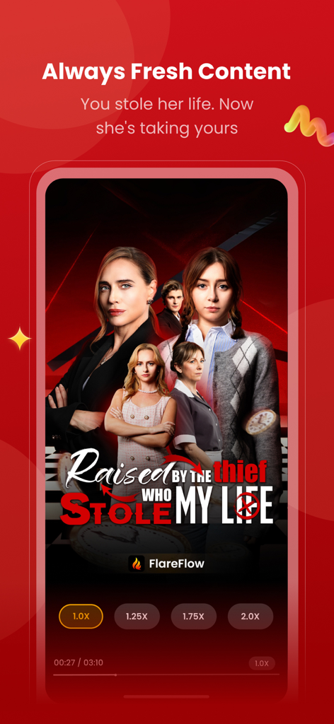 FlareFlow - Interface de l'application FlareFlow montrant l'affiche d'un court drame intitulé Raised by the Thief Who Stole My Life avec des contrôles de lecture vidéo