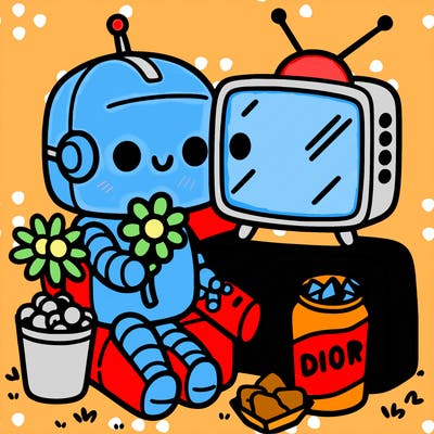 cute robot with flower in hand watching tv with some snacks