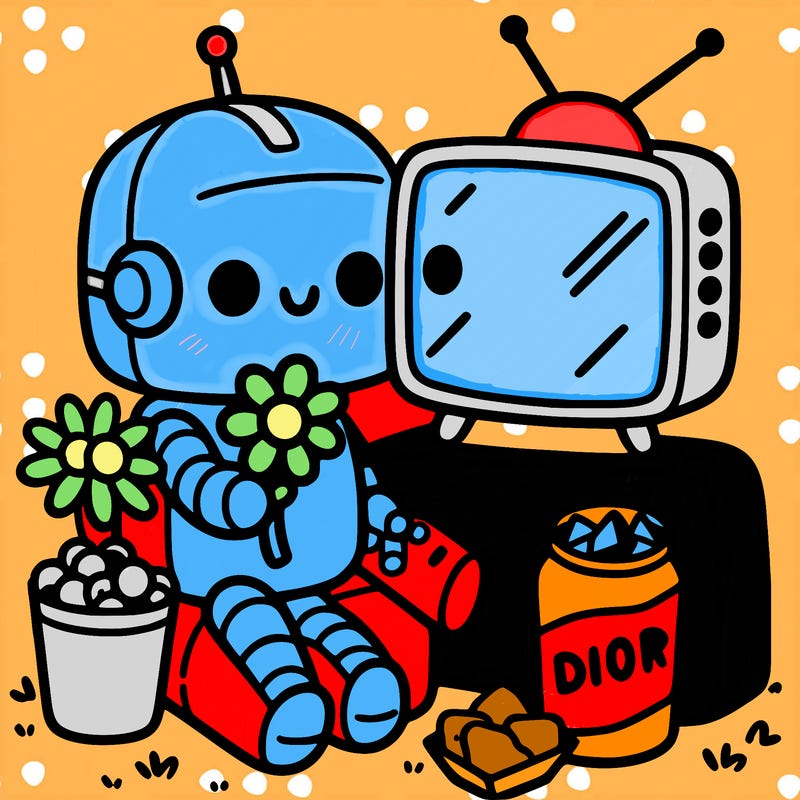 cute robot with flower in hand watching tv with some snacks
