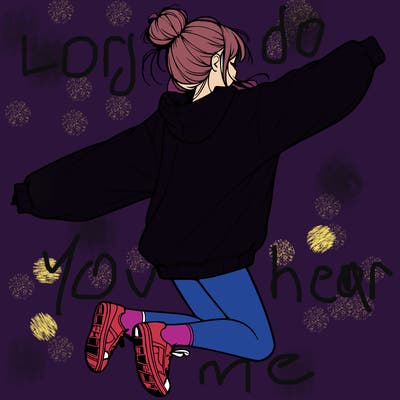 realistic girl jumping with a bun and oversized sweatshirt