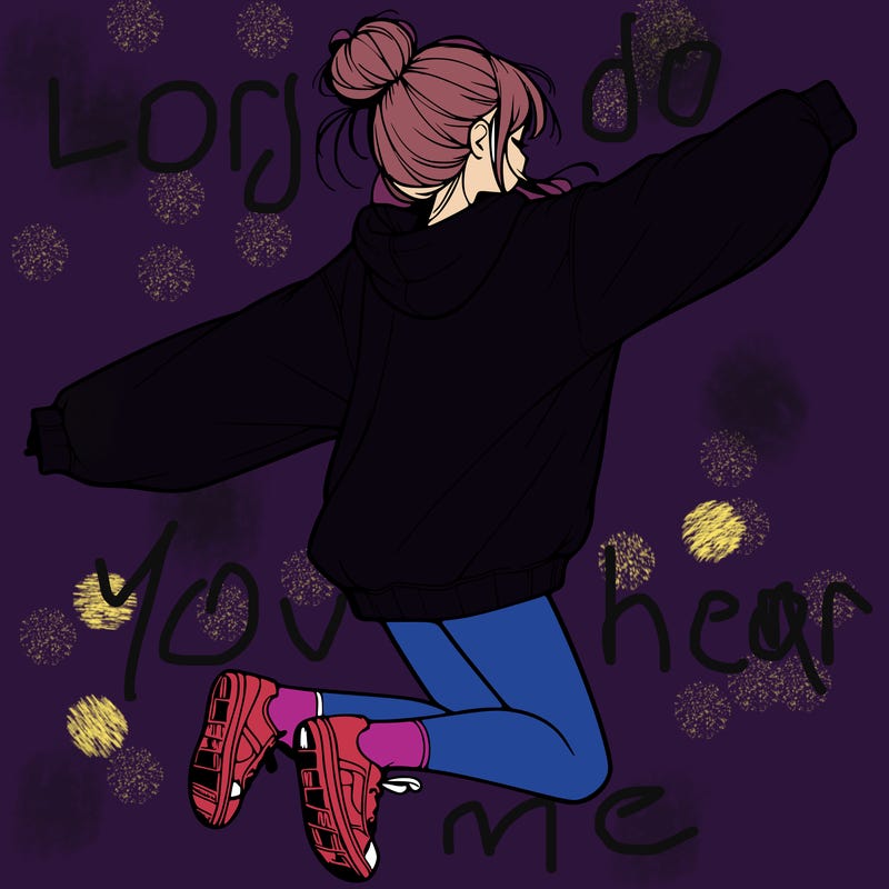 realistic girl jumping with a bun and oversized sweatshirt
