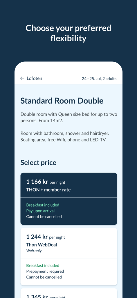 Thon Hotels - Thon Hotels mobile app screen displaying room details and flexible pricing options for a standard double room