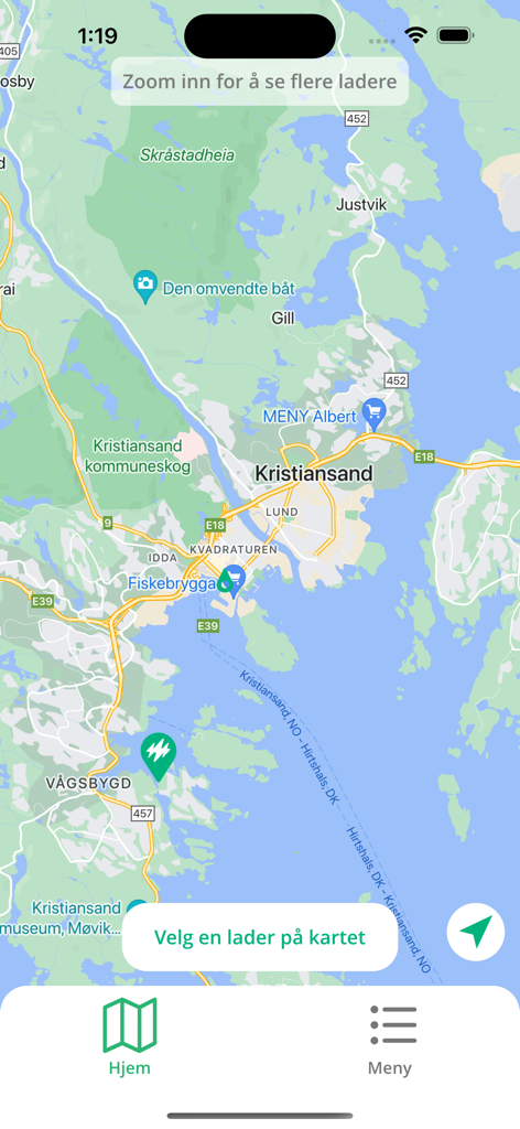 Laddel - Map view of the Laddel app showing electric vehicle charging stations in Kristiansand