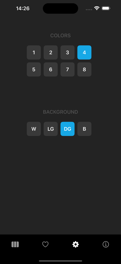 Random Palette - Random Paletteアプリの設定画面に、色の数と背景テーマを選択するオプションが表示されている。