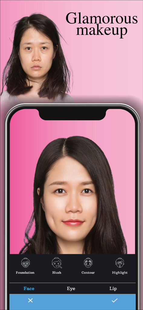 Perfect Face: AI Makeup Editor - Before and after comparison of a glamorous makeup transformation using the Perfect Face AI editor app
