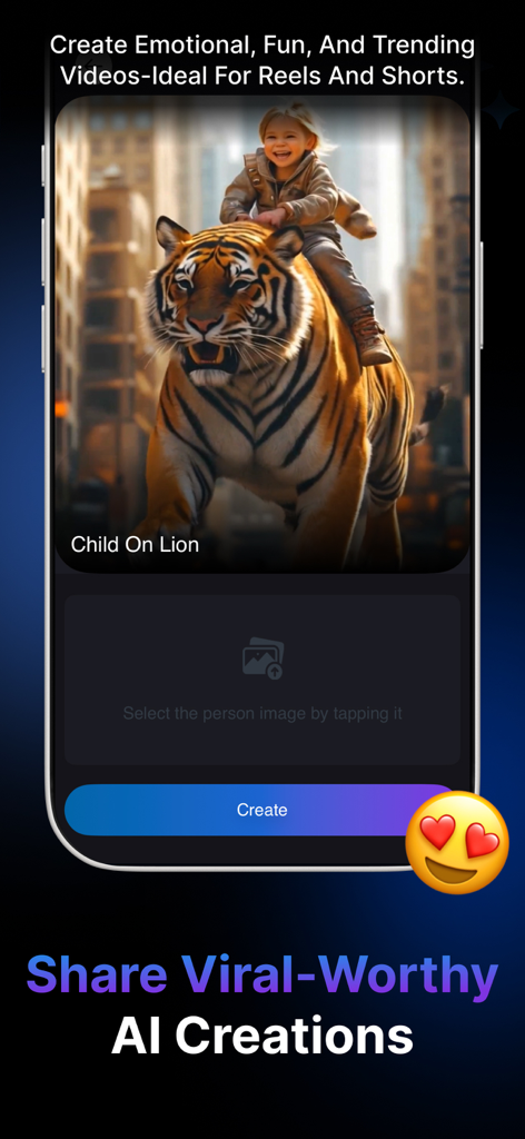 Ai Video Generator : Vidjoy - Mobile app interface of Vidjoy showing an AI video template of a child riding a lion.