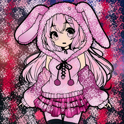 pretty anime girl wearing a fluffy hoodie with bunny ears on the hood and a skirt