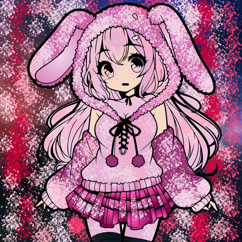 pretty anime girl wearing a fluffy hoodie with bunny ears on the hood and a skirt