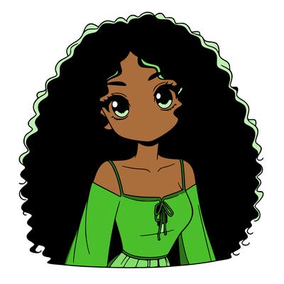 a black anime girl with long afro hair