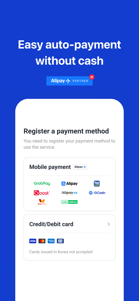 k.ride - taxi, cab, travel - Tela de registro de pagamento do aplicativo k.ride com opções de carteira móvel e cartão de crédito