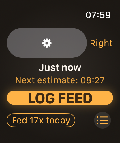 FeedLog — Baby Feed Tracker - Main screen of FeedLog on Apple Watch showing the log feed button and next feeding estimate