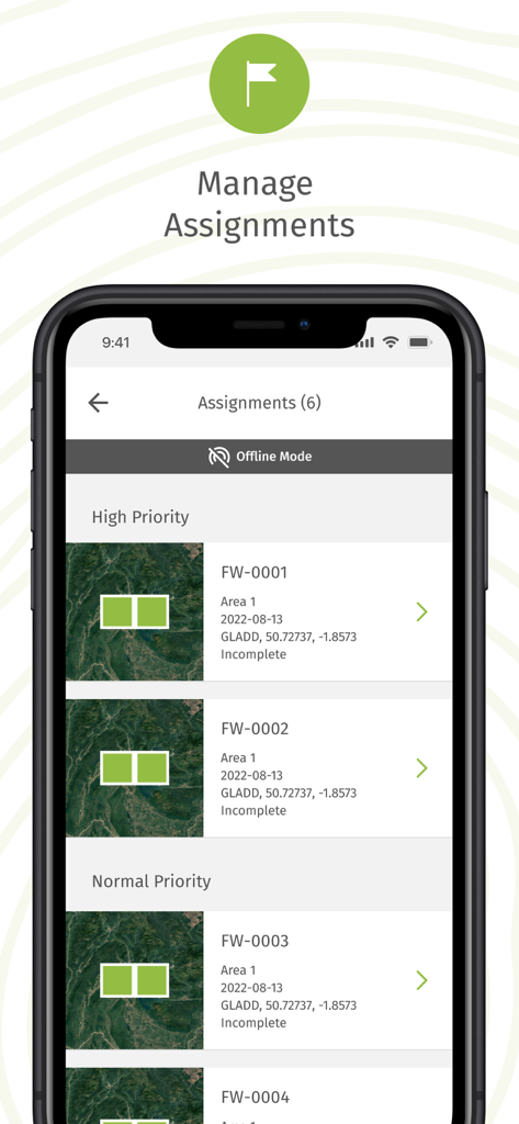 Forest Watcher - Mobile screen of the Forest Watcher app showing a list of prioritized forest monitoring assignments in offline mode