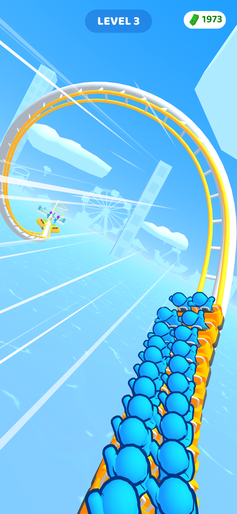 A blue passenger train navigating a loop-de-loop on a roller coaster track in the mobile game Runner Coaster