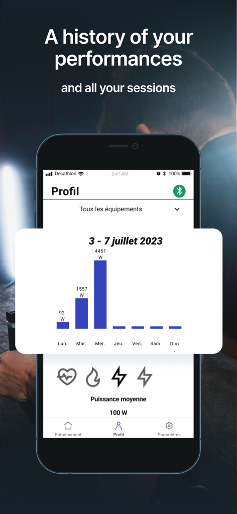 Domyos E Connected - Écran d'historique de performance montrant les progrès hebdomadaires de l'entraînement et les statistiques de puissance dans l'application Domyos E Connected