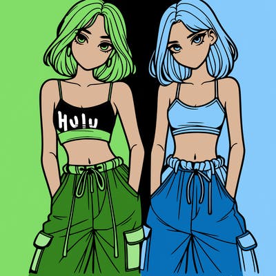 two girls with crop top with baggy pants