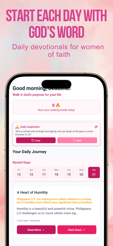 Tela de iPhone mostrando o aplicativo Devocional Diário para Mulheres com uma saudação matinal e um versículo bíblico