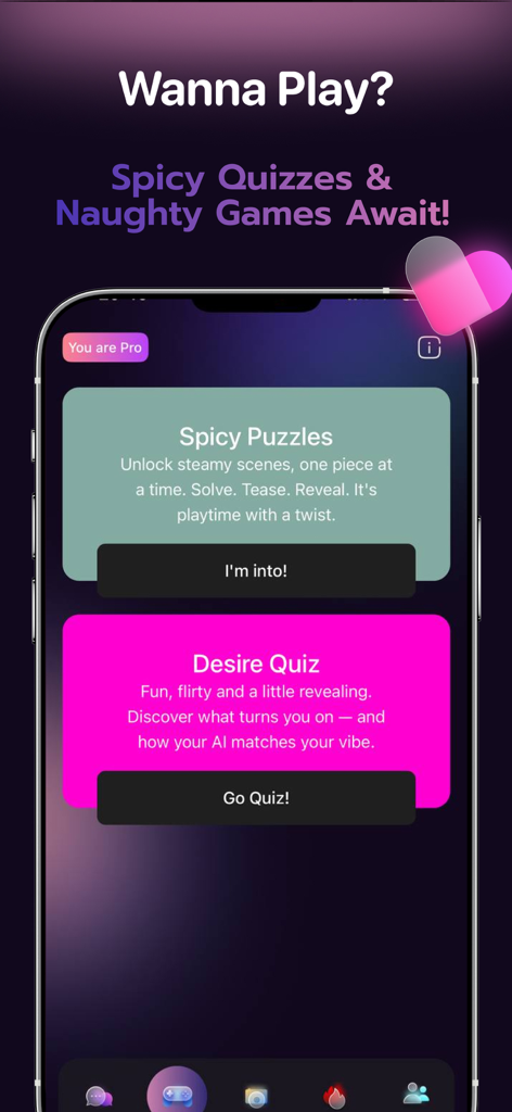 AI Girlfriend: Virtual Fantasy - Interfaz de la aplicación AI Girlfriend que muestra las opciones de juego Spicy Puzzles y Desire Quiz para juegos de rol interactivos
